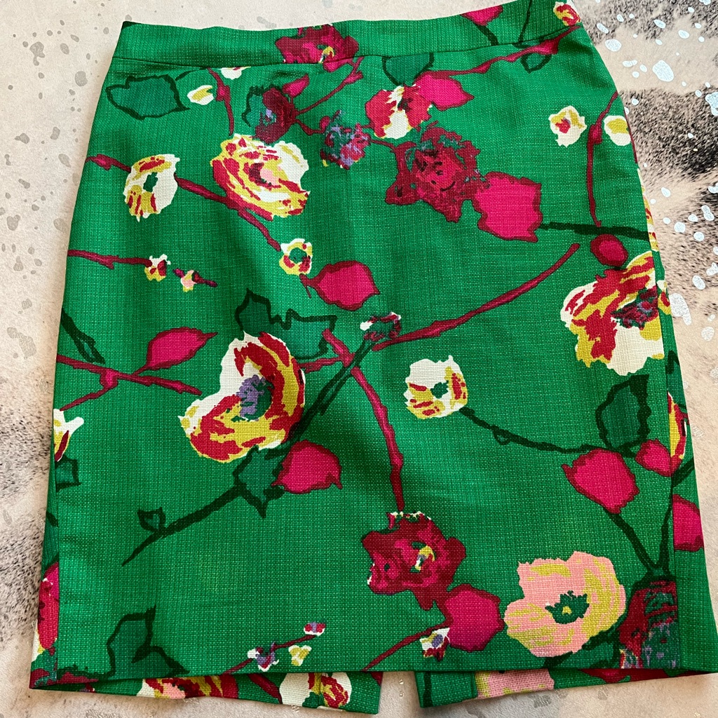 J. Crew Green Floral Basketweave Mid Length Skirt